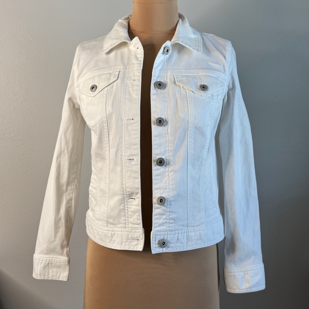 White Jean Denim Button Jacket Size XS Pockets Cotton Stretch